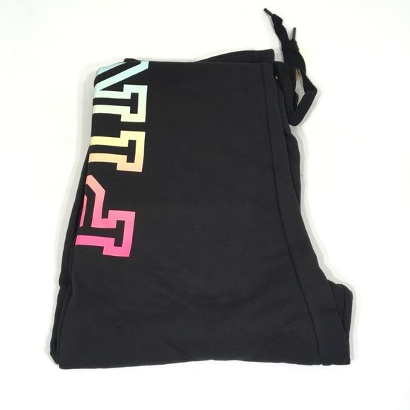 NWT VS PINK EVERYDAY LOUNGE SKINNY JOGGER SWEATPANTS BLACK/RAINBOW LOGO PRINT - Picture 10 of 14